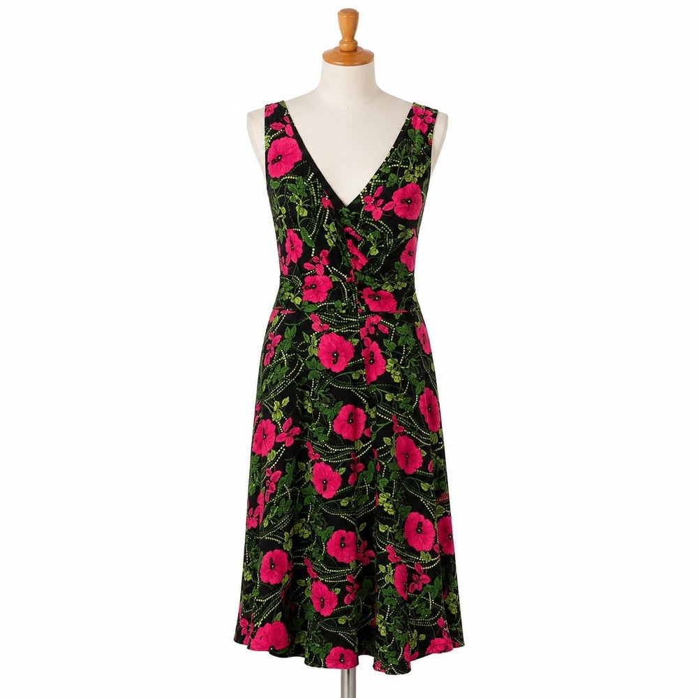Maeve Anthropologie Women 6 Black Pink Floral Maxi Dress Ruched V-Neck Slit